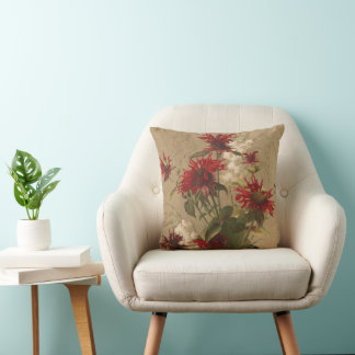 Sophisticated Red & Burgundy Floral Against Beige Throw Pillow