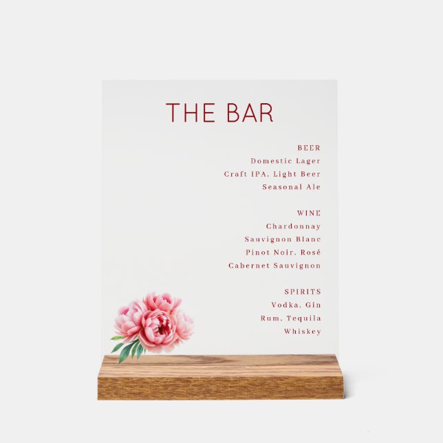 Sophisticated Red Floral Bar Menu Acrylic Sign (Front)