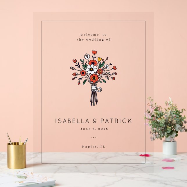 Sophisticated Red Floral Bouquet Acrylic Sign (Wedding)