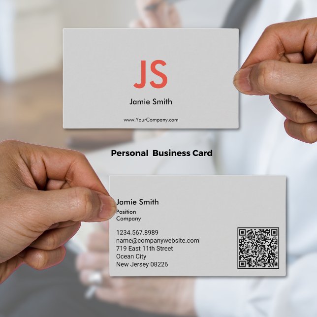 Sophisticated Red Initials QR-code Black & Gray Business Card (Sophisticated Red Initials QR-code Black & Gray Business Card)