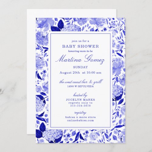 Sophisticated Royal Blue Floral Baby Shower Invitation