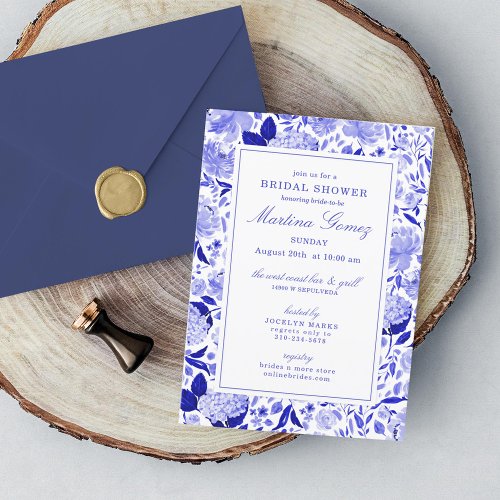 Sophisticated Royal Blue Floral Bridal Shower Invitation