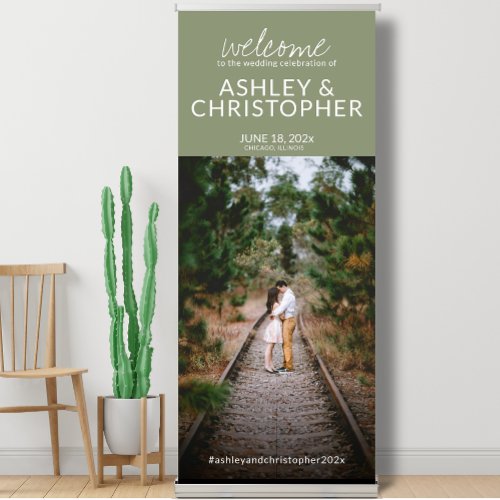 Sophisticated Sage Green Photo Wedding Welcome Retractable Banner