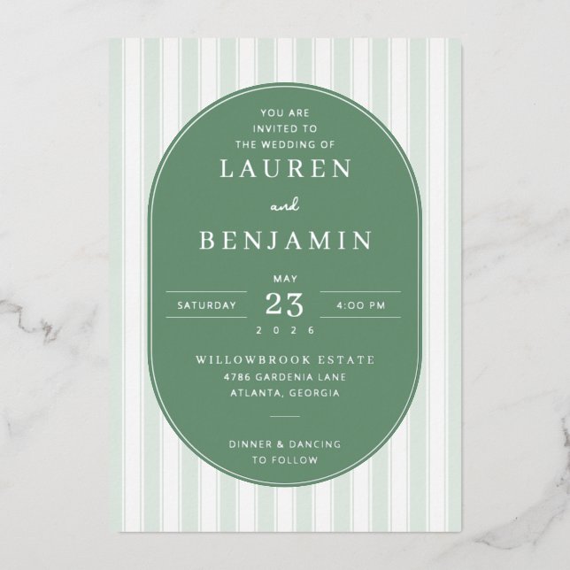 Sophisticated Sage Green Stripes Foil Invitation (Front)