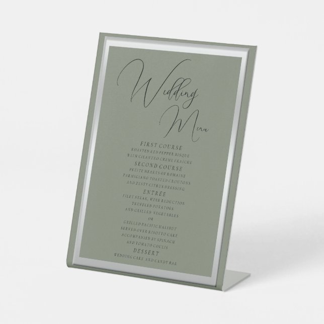 Sophisticated Sage & Silver Wedding Menu Pedestal Sign (Front)