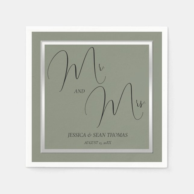 Sophisticated Sage & Silver Wedding Napkins (Front)