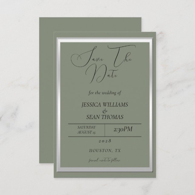 Sophisticated Sage & Silver Wedding Save The Date (Front/Back)