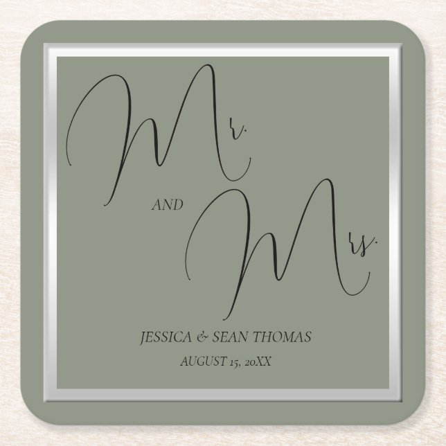 Sophisticated Sage & Silver Wedding Square Paper Coaster (Front)