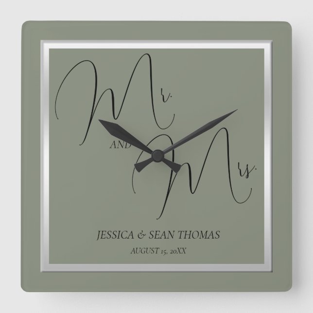Sophisticated Sage & Silver Wedding Square Wall Clock (Front)