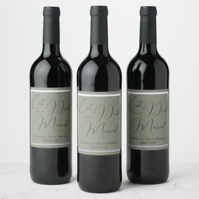 Sophisticated Sage & Silver Wedding Wine Label (Bottles)