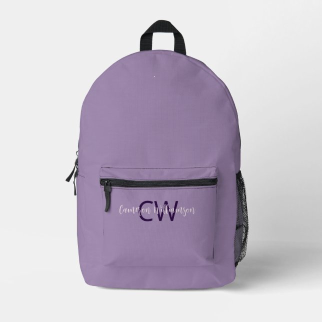 Sophisticated Script Font Name & Initials Violet Printed Backpack (Front)