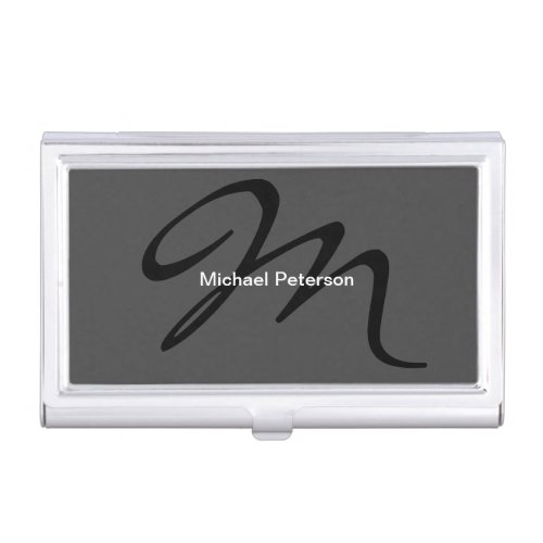 Sophisticated Script Monogram Initial Modern Grey Business Card Case