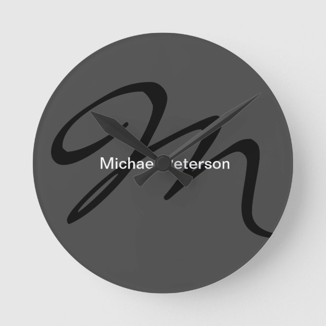 Sophisticated Script Monogram Initial Modern Grey Round Clock (Front)