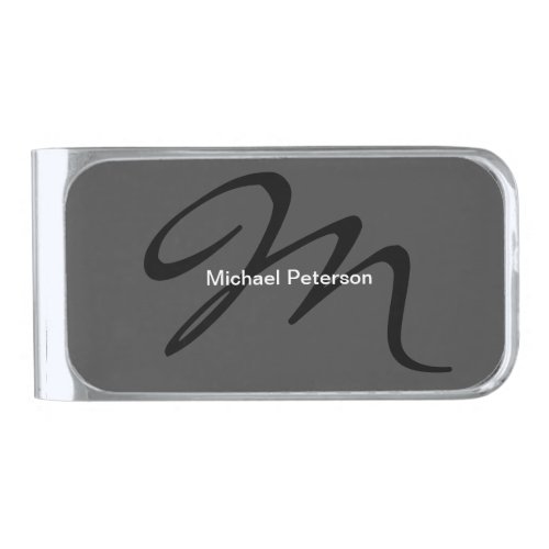 Sophisticated Script Monogram Initial Modern Grey Silver Finish Money Clip