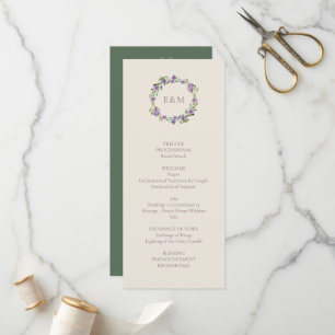Sophisticated Script Purple Floral Wreath Wedding Program