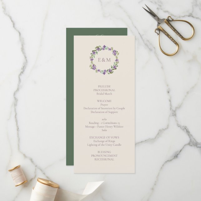 Sophisticated Script Purple Floral Wreath Wedding Program (Front/Back In Situ)