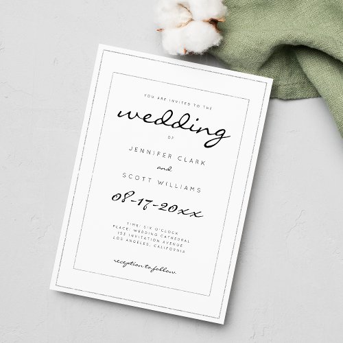 Sophisticated silver glitter black script wedding  invitation