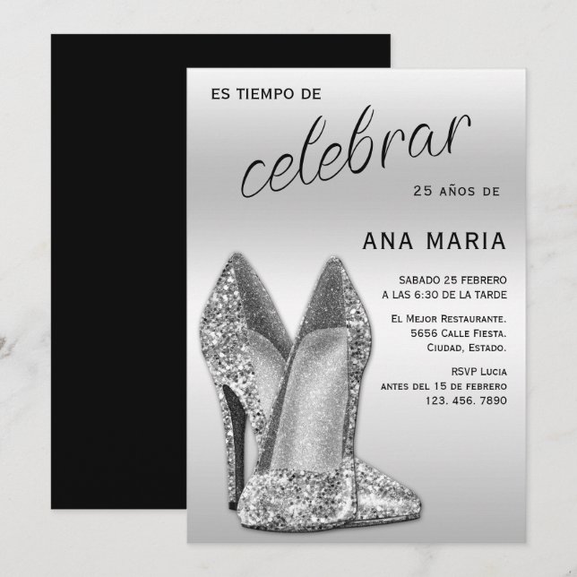 Sophisticated Silver Spanish Feminine Birthday  Invitation (Front/Back)