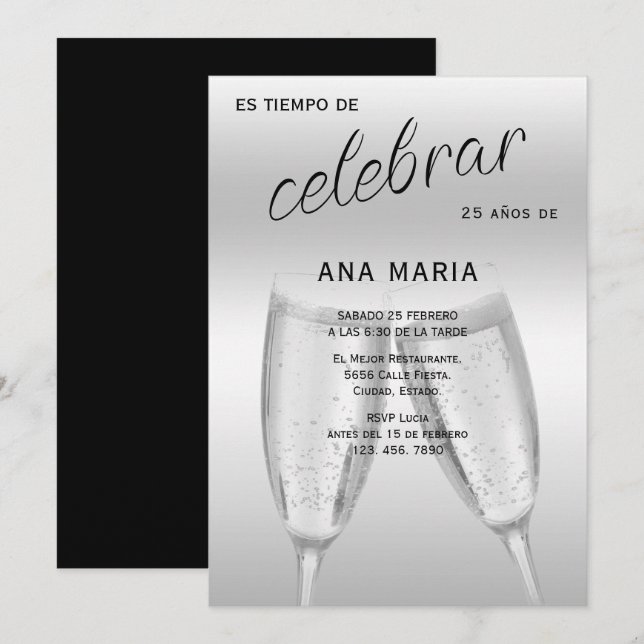 Sophisticated Silver Spanish Feminine Birthday  Invitation (Front/Back)