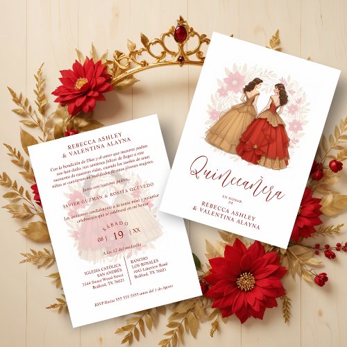 Sophisticated Spanish Red  Gold Quinceaera Twins Invitation