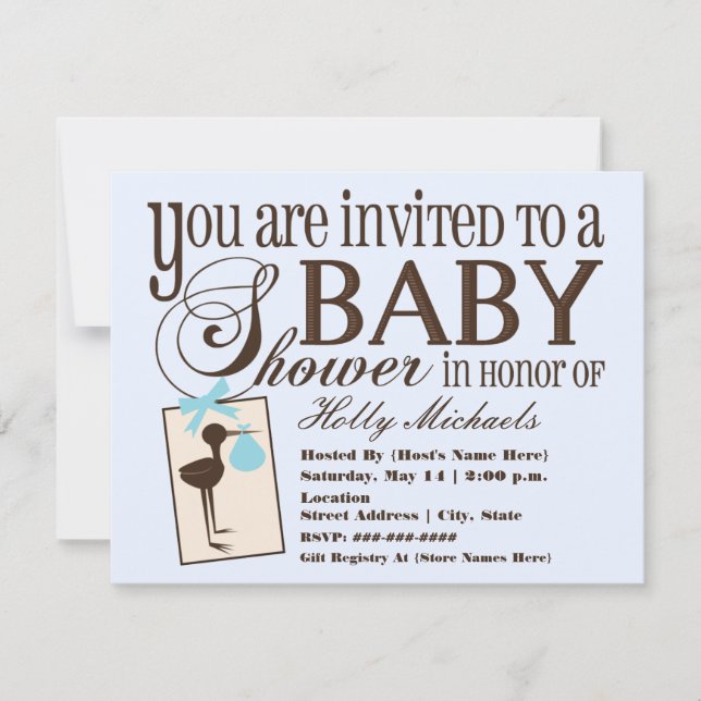 Sophisticated Stork Blue Baby Shower Invitation (Front)