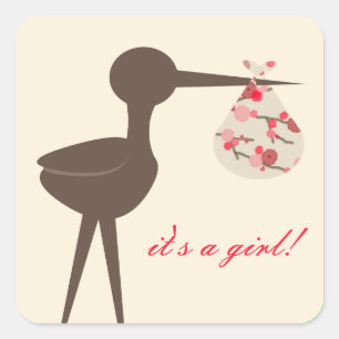 Sophisticated Stork Cherry Blossom Baby Shower Square Sticker