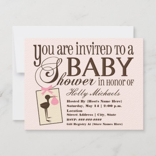 Sophisticated Stork Pink Baby Shower Invitation