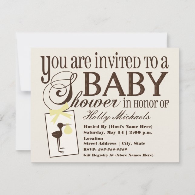 Sophisticated Stork Yellow Baby Shower Invitation (Front)