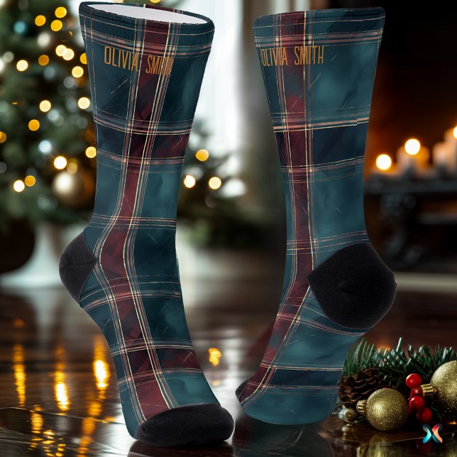 Sophisticated Teal and Burgundy Christmas Plaid  Socks (Creator Uploaded)