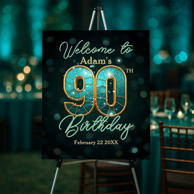 Sophisticated Teal and Gold 90th Birthday Welcome Foam Board (Creator Uploaded)
