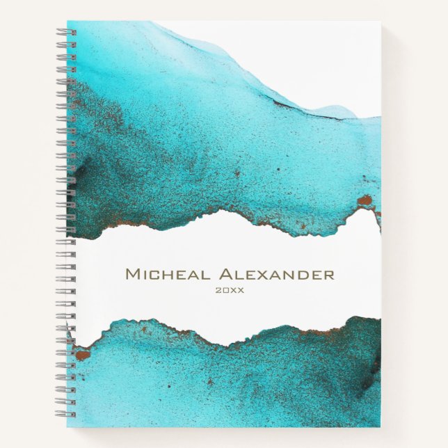Sophisticated Turquoise Abstract Custom Name Notebook (Front)