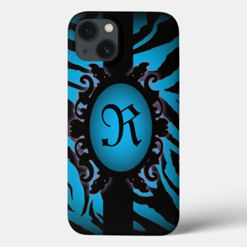 Sophisticated turquoise Zebra Print monogram iPhone 13 Case