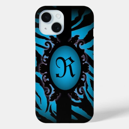 Sophisticated turquoise Zebra Print monogram iPhone 15 Case