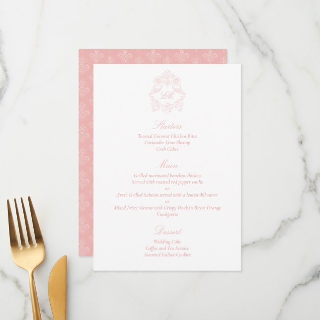 Sophisticated Victorian Classic Script Blush Pink Menu (Front/Back In Situ)
