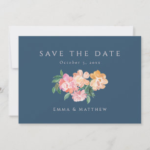Sophisticated Watercolor Flowers Blue Back QR Save The Date