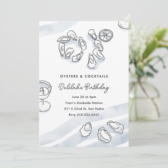 Sophisticated Watercolor Ink Oysters and Cocktails Invitation (Standing Front)