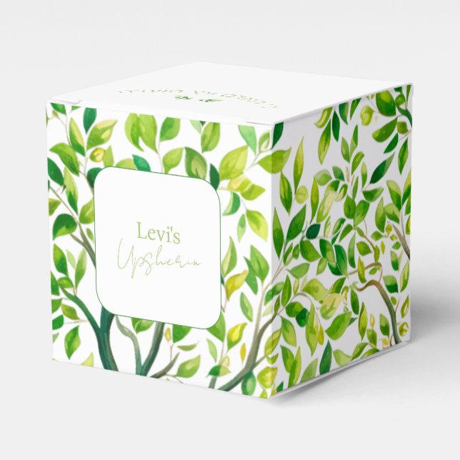 Sophisticated watercolor tree Upsherin Upshernish Favor Boxes (Front Side)