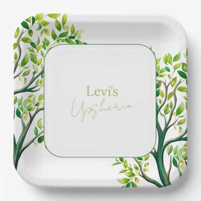 Sophisticated watercolor tree Upsherin Upshernish Paper Plates (Front)