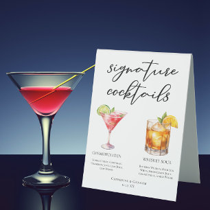 Sophisticated Wedding Signature Cocktails Menu Table Tent