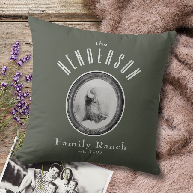 Sophisticated Western Ranch Buffalo Custom Sage Throw Pillow (Creator Uploaded)
