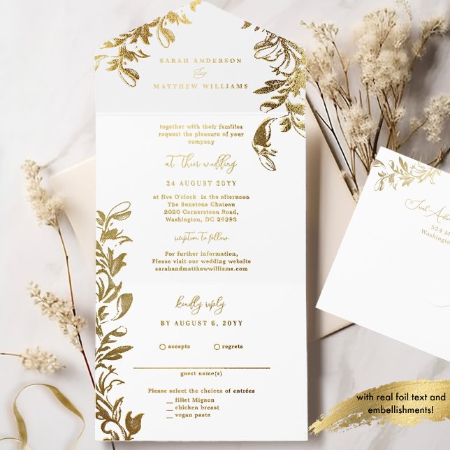 Sophisticated White and Gold Foil Leaves All In On All In One Invitation (Creator Uploaded)