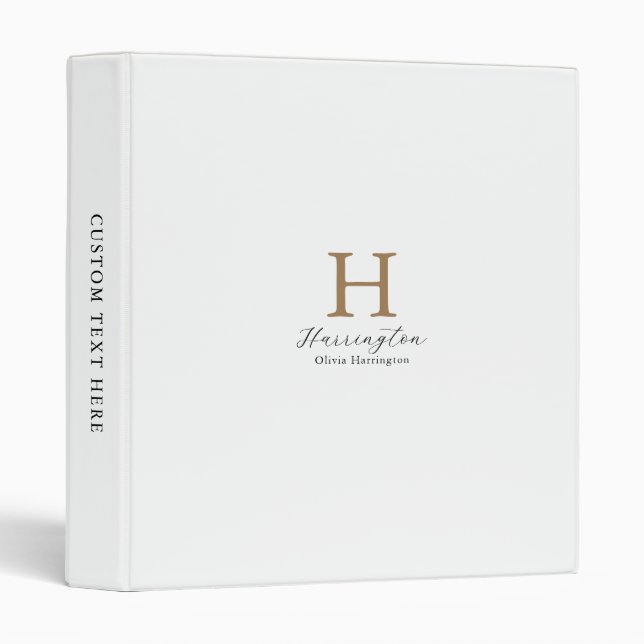Sophisticated White and Gold Monogram 3 Ring Binder (Front/Spine)