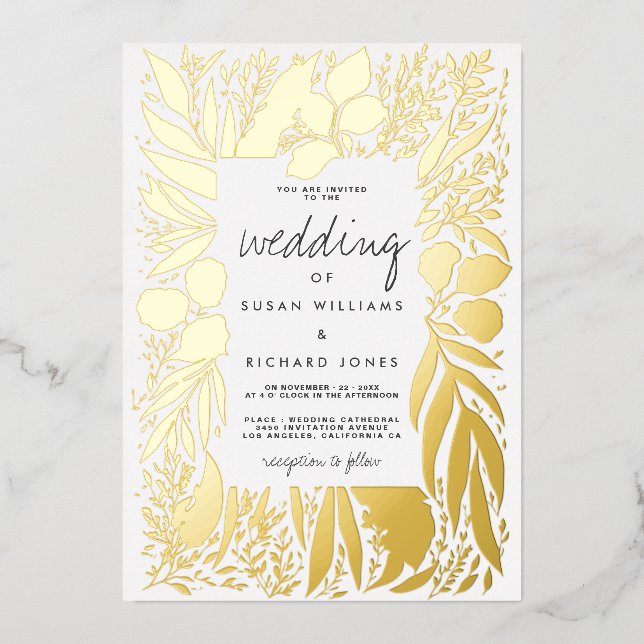 Sophisticated white gold foliage floral wedding  foil invitation (Front)