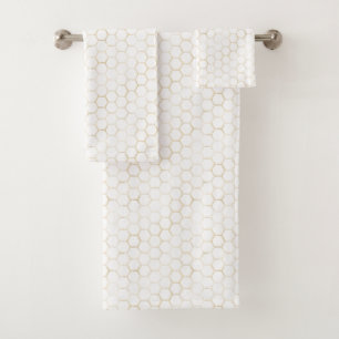 Sophisticated White Gold Hexagon Beehive Pattern Bath Towel Set