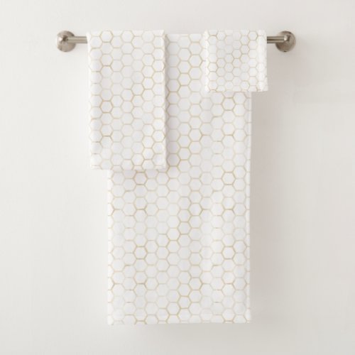 Sophisticated White Gold Hexagon Beehive Pattern Bath Towel Set