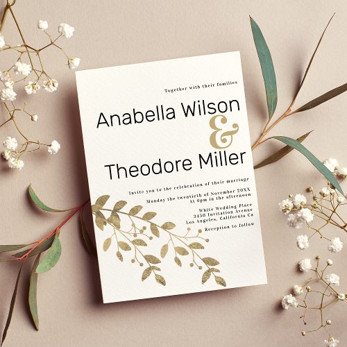 Sophisticated white gold leafs floral wedding  invitation