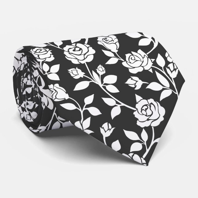 Sophisticated White Rose Floral Vine Neck Tie (Rolled)