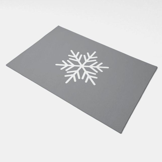 Sophisticated White Snowflake On Modern Gray Doormat (Angled)