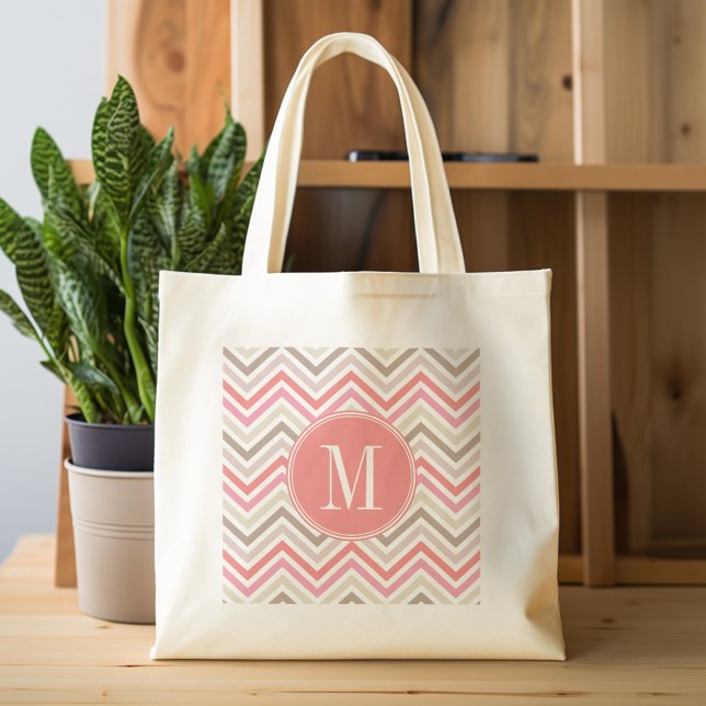 Sorbet Chevrons with Triple Monograms Tote Bag (Personalized tote bag with chevrons and monogram)