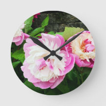 Sorbet Double Peony in the Garden Round Wall Clock